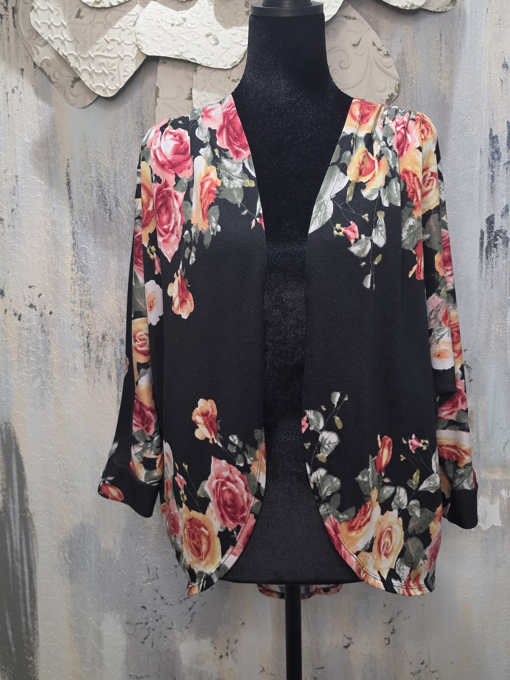 Mauve Black Floral Open Cardigan with Pink and Yellow Roses